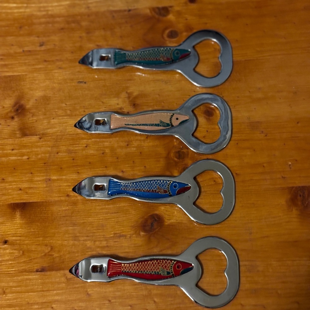 Vintage Stainless Steel Bottle Can Openers (4) Enameled Fish Motifs SET #3